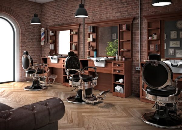 Salon complet Barber NUMERO 3 avec 3 fauteuils noirs et argent et 3 coiffeuses bois marron avec vasque et miroir