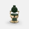 Fauteuil barber LUMINEO GOLD GREEN avec structure dorée et revêtement vert, dossier inclinable et repose-pieds professionnel.
